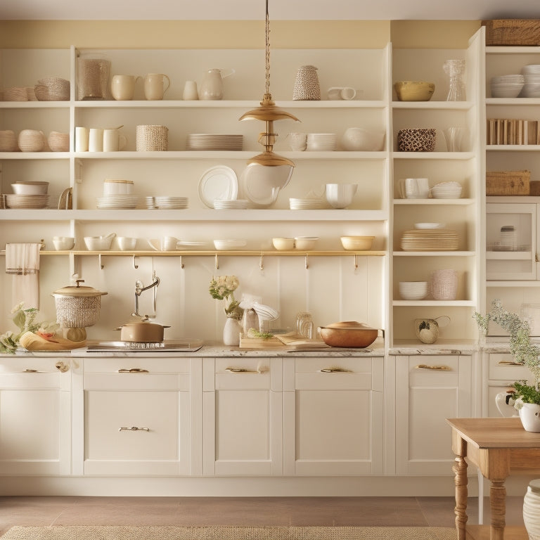 A warm, well-lit kitchen with cream-colored cabinets, featuring a corner shelving unit with three adjustable wood shelves, decorated with a mix of cookbooks, vases, and decorative kitchenware.