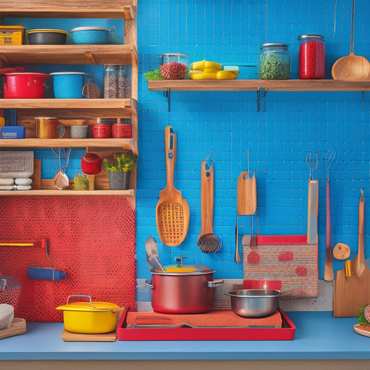 A vibrant kitchen scene showcasing a neatly organized pegboard wall, adorned with colorful utensils, pots, and spices. Warm lighting highlights the textures of wood and metal, creating a cozy, functional storage solution.