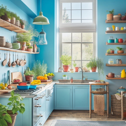 A bright, airy kitchen featuring a wooden tiered rack filled with colorful utensils, pots, and pans. Sunlight streams through a window, illuminating vibrant herbs in pots nearby and a cozy, organized countertop.