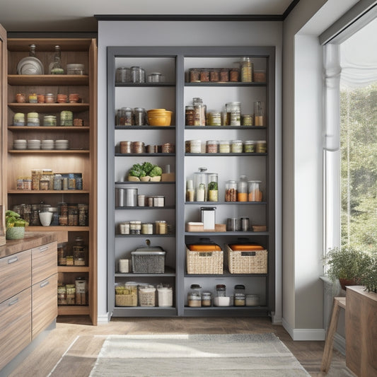 A modern kitchen featuring a sleek freestanding pantry unit with adjustable shelving. The pantry displays neatly organized jars, spices, and canned goods, surrounded by warm wooden cabinets and natural light streaming through a nearby window.