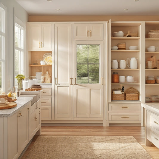 A stylish freestanding pantry unit with wood finishes, surrounded by an open-concept kitchen featuring modern appliances, white cabinetry, and a cozy dining area filled with natural light streaming through large windows.