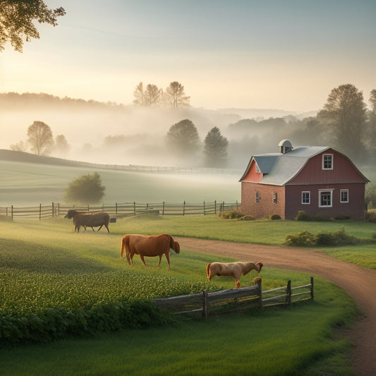 A serene landscape of a small farm at dawn: rolling hills, lush green pastures, a red barn, and a few grazing animals, with a misty fog gently lifting to reveal a bounty of fresh fruits and vegetables.