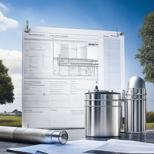 A stainless steel tank with a polished finish, surrounded by scattered blueprints, a clipboard with a checklist, and a faint government building background, symbolizing FDA compliance and quality control.