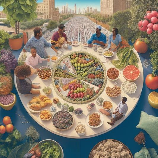 A vibrant, stylized illustration depicting a diverse community gathered around a large, overflowing table with fresh produce, surrounded by cityscapes, gardens, and a subtle grid of connected lines symbolizing support networks.