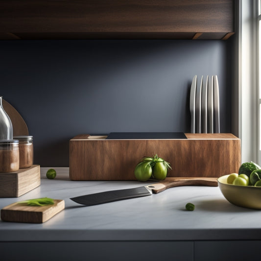 A sleek, minimalist kitchen with a polished wooden countertop showcasing elegant magnetic knife strips. Knives of various sizes, gleaming with stainless steel, are neatly arranged, complemented by stylish utensils and soft ambient lighting.