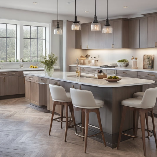 A modern kitchen with a large, curved central island featuring a built-in sink, cooktop, and ample storage, surrounded by sleek countertops, pendant lights, and a mix of stools and chairs.