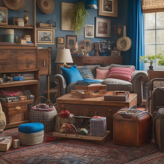 A cluttered living room with a few items like a sewing machine, toolkit, and board games hidden in decorative storage ottomans, woven baskets, and vintage trunks, surrounded by tidy everyday objects.
