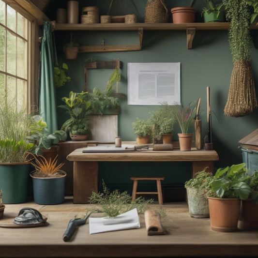 A serene botanical illustration of a well-organized gardening shed with a wooden desk in the center, surrounded by potted plants, gardening tools, and a few GMF worksheets spread out on the desk.