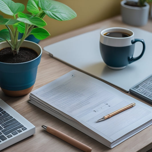 A minimalist desk setup with a Papier daily planner open to a colorful, scheduling-filled page, surrounded by a few strategically placed pens, a small potted plant, and a steaming cup of coffee.