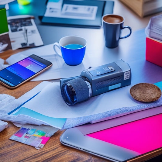 An iPhone and iPad lying on a cluttered desk, surrounded by crumpled papers, empty coffee cups, and scattered pens, with a wireless printer in the background, printing out a vibrant, colorful photo.