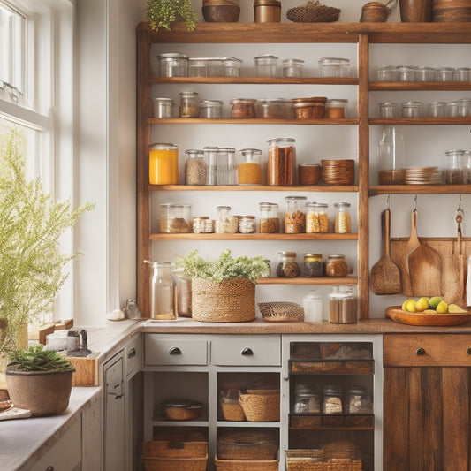 A cozy kitchen corner showcasing multi-tiered spice racks, hanging pots, magnetic knife strips, and labeled glass jars, illuminated by warm natural light, emphasizing clever storage solutions in a compact, inviting space.