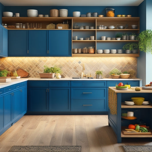 Visualize a sleek kitchen interior showcasing deep cabinets with elegant roll-out trays. The trays are filled with colorful spices, neatly organized pots, and pans, illuminated by soft, warm lighting, enhancing the functionality and beauty of the space.