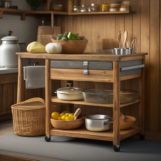 A rustic wooden kitchen cart with three drawers, a towel rack, and a spice rack, against a light-gray background, with a few kitchen utensils and decorative items scattered around it.