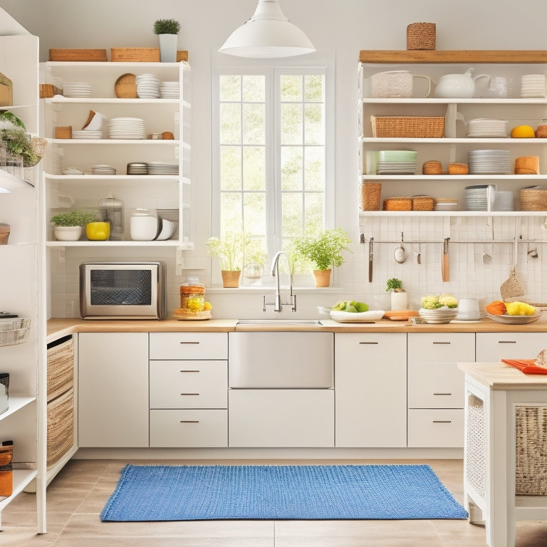 A bright, airy kitchen with sleek white cabinets, a stainless steel island, and a pegboard with hanging utensils, featuring a mix of open and closed storage compartments, baskets, and canisters.