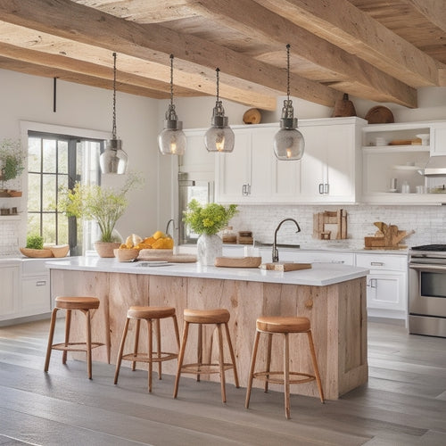 A bright, airy kitchen with exposed wooden beams, white shiplap walls, and a large island featuring a waterfall quartz countertop, adorned with pendant lights and a mix of metal and woven stools.