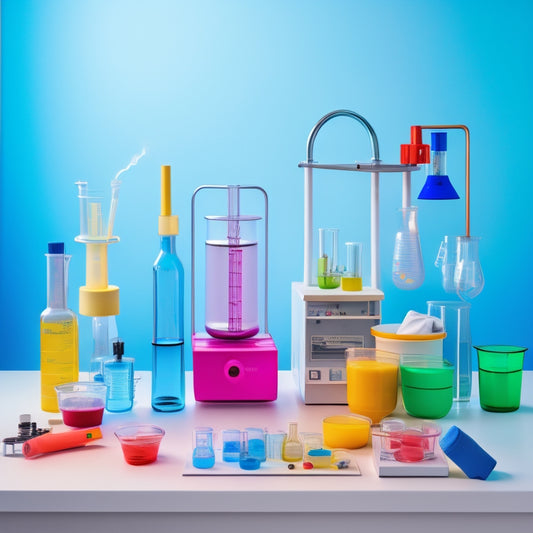 A colorful, clutter-free laboratory setup with a central 'Chem C1000' kit, surrounded by various beakers, test tubes, droppers, and a microscope, on a white background with soft, natural light.