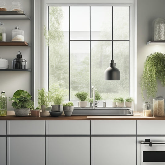 A sleek minimalist kitchen featuring adjustable shelf inserts, showcasing neatly organized spices, dishware, and plants, with soft natural light streaming through a window, and a clean, clutter-free countertop.