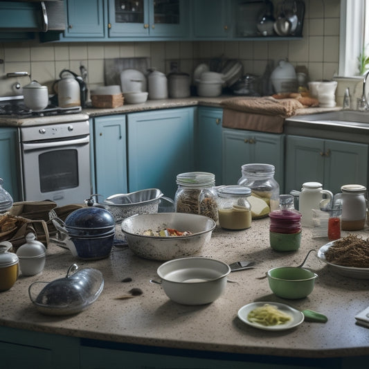 A cluttered kitchen counter with piles of dirty dishes, expired food containers, and scattered kitchen utensils, surrounded by messy cords and appliances, with a faint outline of a frustrated chef in the background.