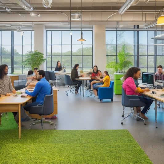 A vibrant, modern space filled with diverse students engaged in discussions, prototyping, and coding, surrounded by whiteboards, 3D printers, and eclectic furniture, with plenty of natural light and greenery.