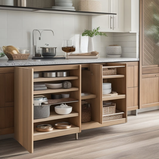 A sleek kitchen island showcasing elegant under-counter storage, featuring organized pull-out drawers, baskets, and shelves. Soft, ambient lighting highlights a minimalist design with natural wood finishes and modern hardware.