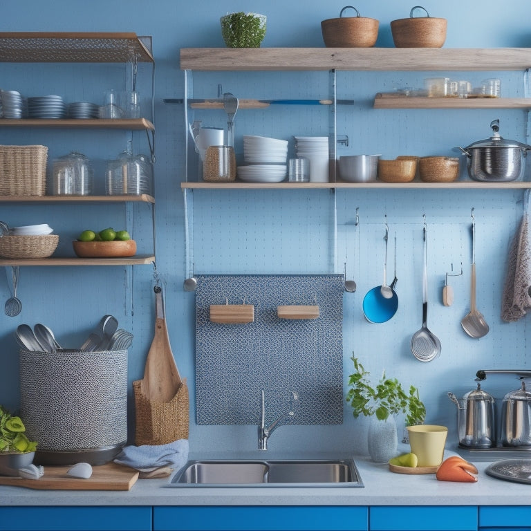 A bright, modern kitchen with open shelves, a pegboard with hanging utensils, a cart with baskets, and a wall-mounted pot rack, showcasing various storage solutions in a harmonious layout.