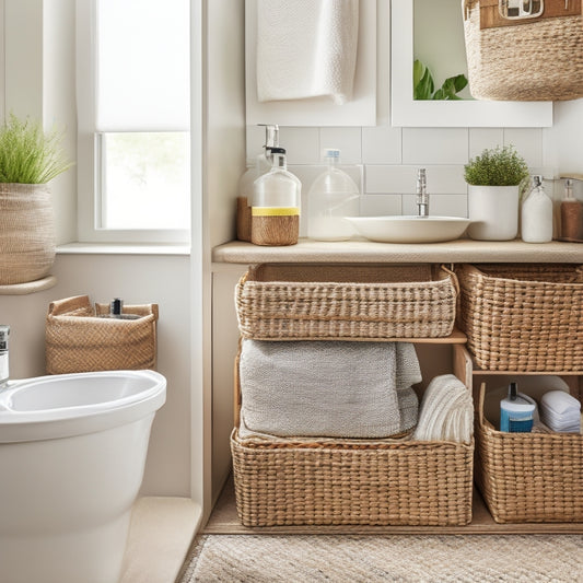 A neatly organized under-sink area featuring woven baskets in natural tones, filled with cleaning supplies and toiletries, surrounded by a sleek plumbing setup, soft light filtering through, highlighting the tidy arrangement.