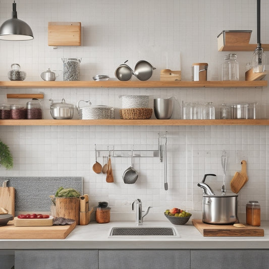A tidy kitchen with a mix of stainless steel and wooden appliances, utensils and cookbooks organized on a wall-mounted pegboard, and a countertop with a built-in knife block and a compact stand mixer.