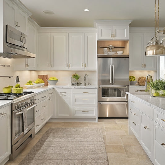 A bright, modern kitchen with cream-colored cabinets, stainless steel appliances, and quartz countertops, featuring a mix of floor-to-ceiling shelves, pull-out pantry drawers, and a kitchen island with built-in storage.