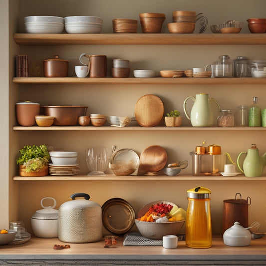 A kitchen corner with 7 varied shelves in different shapes and sizes, each holding different kitchen items such as cookbooks, utensils, and dinnerware, with soft, warm lighting.