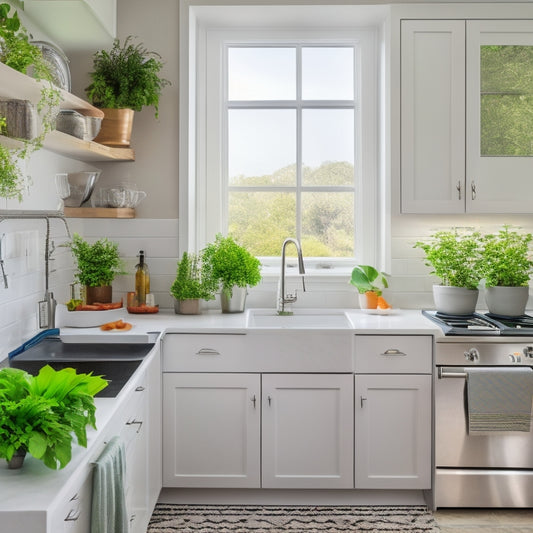 A bright, airy kitchen with gleaming white cabinets, spotless stainless steel appliances, and a sparkling quartz countertop, featuring a tidy utensil organizer and a few strategically placed potted plants.