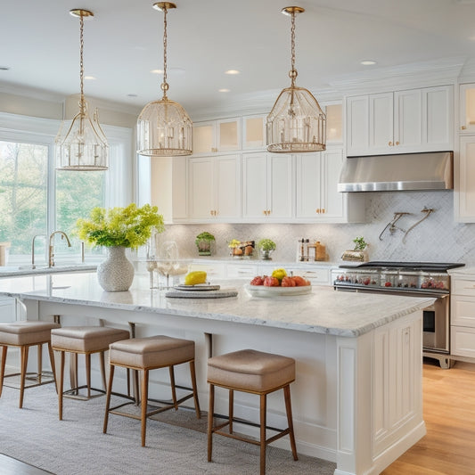 A bright, airy kitchen with sleek white cabinets, quartz countertops, and a large center island, adorned with pendant lights and a stunning backsplash featuring a mix of glass and marble tiles.