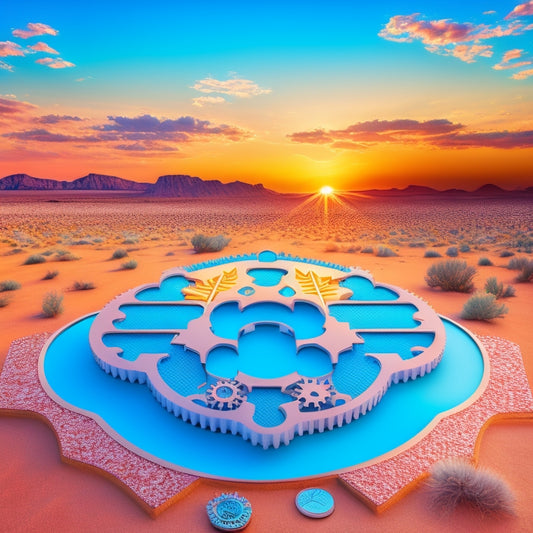 A stylized illustration of the New Mexico state shape, comprised of interconnected gears, cogs, and puzzle pieces in shades of turquoise and silver, set against a subtle gradient of desert sunset hues.