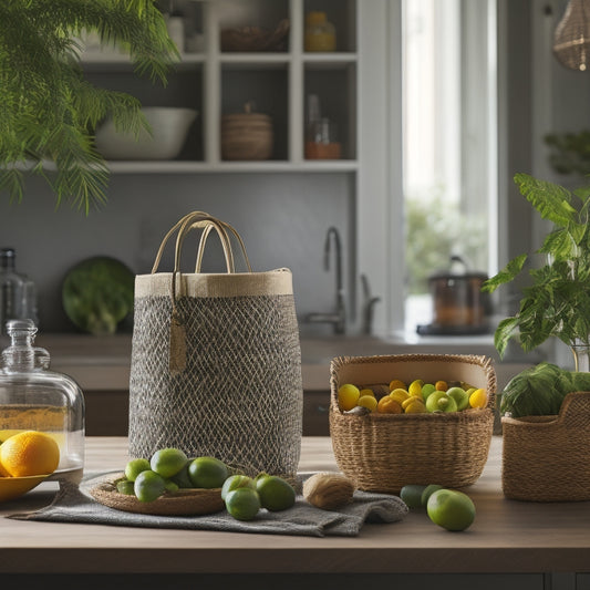 A brightly lit, modern kitchen with a mix of glass and bamboo containers, woven baskets, and reusable bags, arranged artfully on a wooden counter, surrounded by lush greenery and a few fresh fruits.