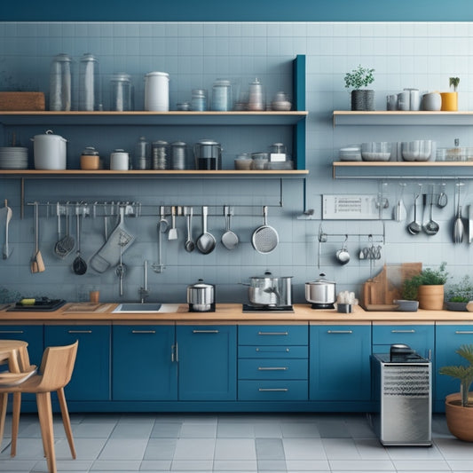 A stylized illustration of a modern kitchen with sleek cabinets and shelves, filled with various kitchen utensils and appliances, surrounded by graphs and charts in the background, depicting growth and trends.