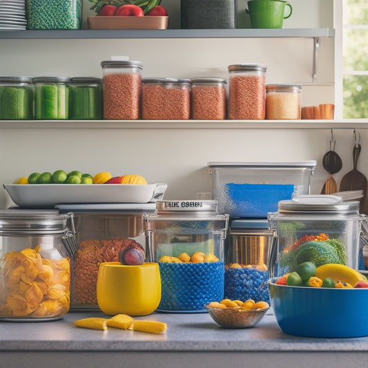 A bright, organized kitchen counter with multiple stacked containers in various sizes, shapes, and colors, with lids and labels, surrounded by fresh fruits, vegetables, and a few cookbooks.