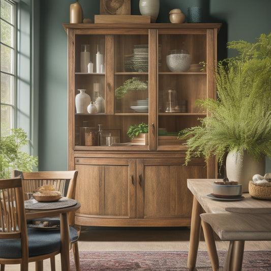 A cozy corner cabinet filled with neatly arranged dishes, colorful glassware, and decorative plants. Soft lighting highlights the wood texture, while a stylish rug and inviting armchair complete the warm, organized space.