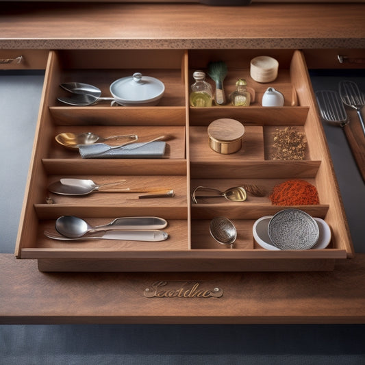 A beautifully organized kitchen drawer, showcasing custom wooden dividers and compartments filled with utensils, spices, and gadgets. Soft, warm lighting highlights the natural wood grain and neatly arranged items for a cozy, inviting atmosphere.