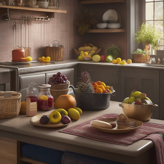 A cozy kitchen scene featuring roll-out trays easily accessible from a wheelchair, showcasing vibrant fruits, utensils, and a warm color palette, highlighting the convenience and comfort of elderly-friendly design.