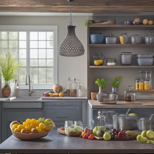 A beautifully organized kitchen island featuring a multi-tiered rack filled with vibrant fruits, elegant glass jars, and stylish cookware, surrounded by warm, inviting lighting and a backdrop of rustic wooden cabinetry.