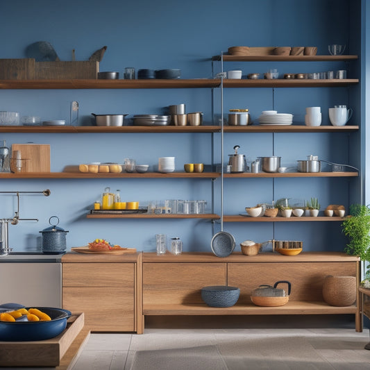 A modern kitchen featuring sleek, foldable wooden shelves in various stages of assembly, surrounded by vibrant kitchenware and utensils, with warm lighting highlighting the versatility and convenience of the shelves.