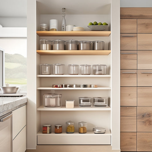 A sleek modern kitchen showcasing practical cabinet organizers: pull-out spice racks, tiered shelving, and drawer dividers. Soft neutral colors, stainless steel accents, and natural wood textures create a harmonious, tidy atmosphere.