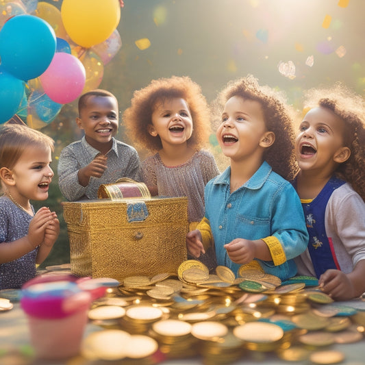 A colorful, sun-drenched scene of smiling children gathered around a large, overflowing treasure chest adorned with shiny coins and bills, surrounded by balloons and confetti.