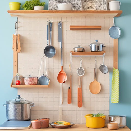 A tidy kitchen with a wall-mounted pegboard holding various pots and pans in a neat, organized manner, with hooks and a utensil holder on the side, against a soft, white background.
