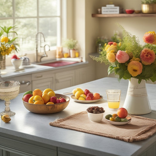 A beautifully styled kitchen counter with a few recipe cards, a mixing bowl, and a few utensils, surrounded by fresh fruits and a vase with flowers, with warm natural light.