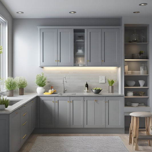 A modern kitchen with sleek, handle-less cabinets in a soothing gray tone, featuring a combination of pull-out shelves, lazy susans, and vertical dividers, illuminated by soft, warm lighting.