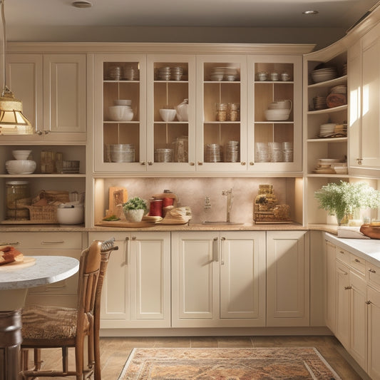 A warm, well-lit kitchen with cream-colored cabinets, featuring a pull-out pantry with soft-close drawers, a spice rack installed on the back of a cabinet door, and a lazy Susan in a corner cabinet.