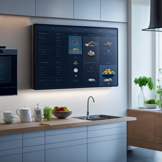A modern kitchen with a large touchscreen display on the wall, showcasing a digital calendar, shopping list, and recipe library, surrounded by sleek appliances and minimal clutter.