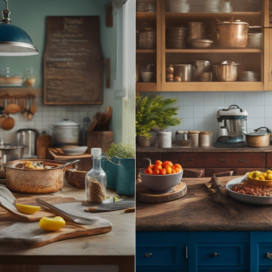 A split-screen image featuring a messy, cluttered kitchen on one side and a tidy, organized kitchen on the other, with a chef's hat and utensils placed neatly on a cookbook in the organized side.