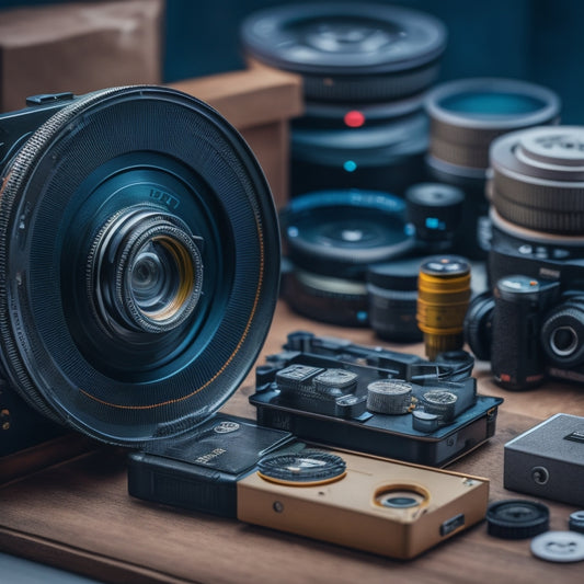 An old, worn 35mm film reel lies next to a modern 4K digital camera, surrounded by vintage camera parts, film strips, and a subtle grid of pixels in the background, blending analog and digital elements.