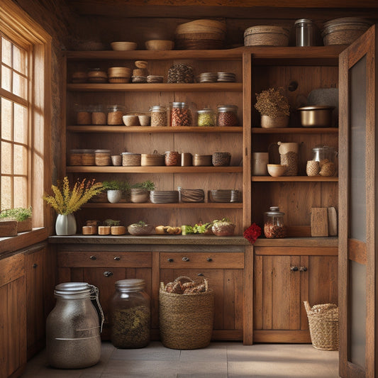 A cozy rustic kitchen featuring a handcrafted wooden freestanding pantry unit, showcasing rich oak grains, vintage brass knobs, and an array of mason jars filled with grains, herbs, and spices, surrounded by warm, natural light.